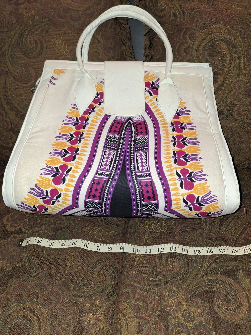 Angelina Wax White Tote Bag with Purple & Yellow Embroidered Pattern
